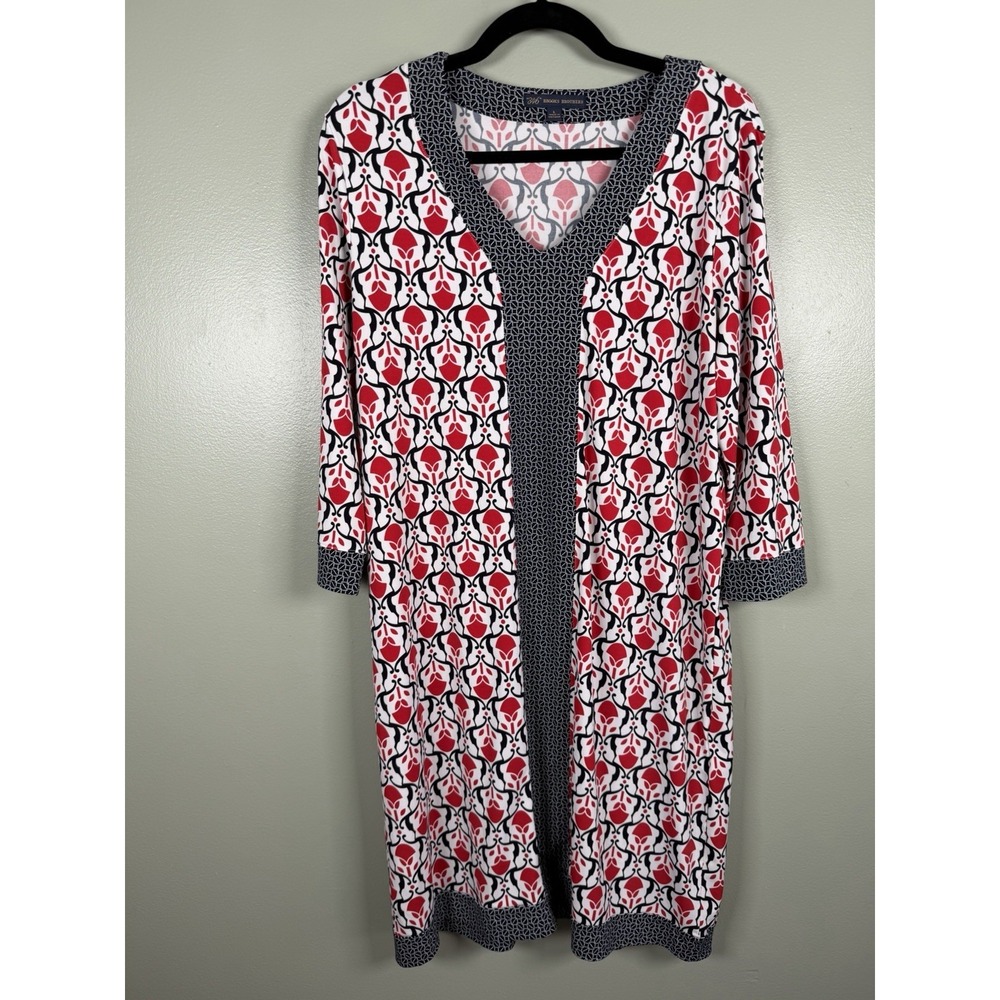 Brooks Brothers 346 Womens L Red Black Print V Neck Stretch Dress No Belt